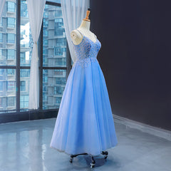 Blue V-neckline Tulle Beaded Long Straps Beaded Dress