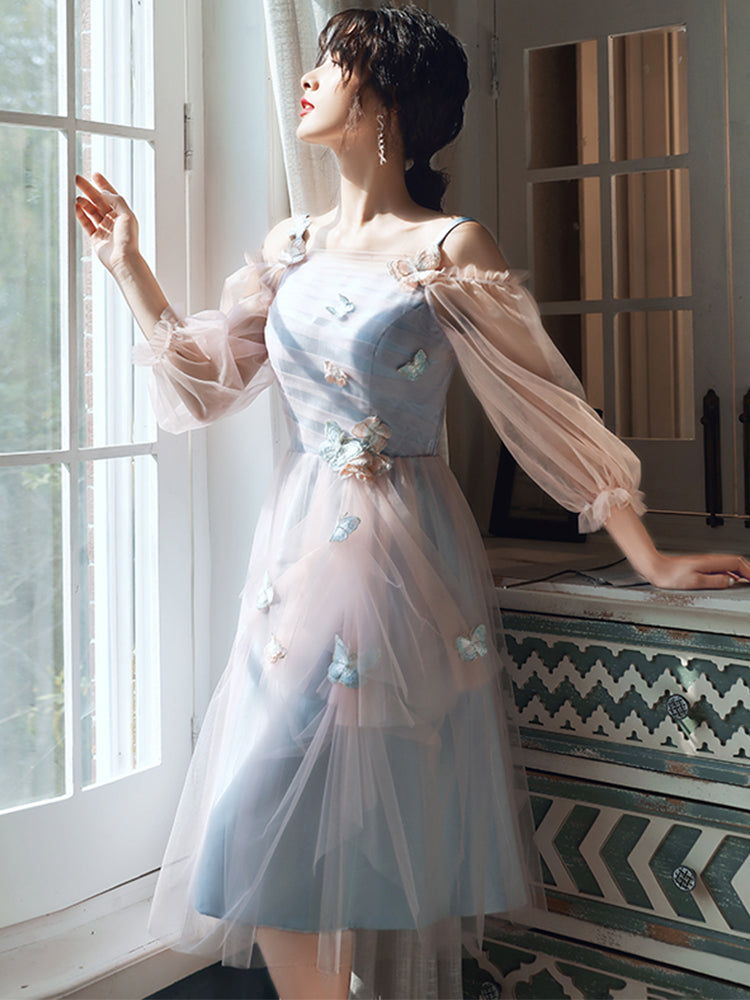 Lindo vestido de fiesta corto de tul rosa y azul para el regreso a casa. 
