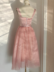 Pink Tea Length Sweetheart Tulle Party Dresses