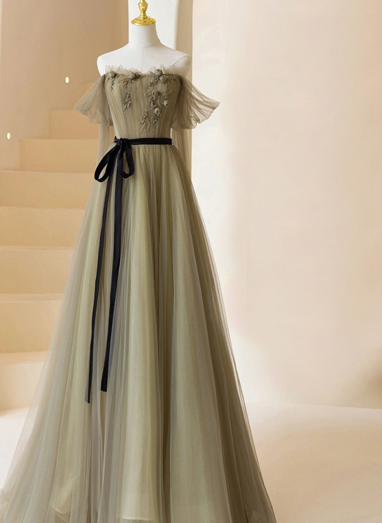 Light Green Tulle Off Shoulder with Flowers A-line Prom Dress