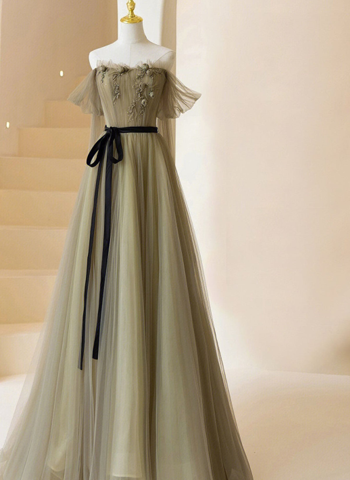 Light Green Tulle Off Shoulder with Flowers A-line Prom Dress