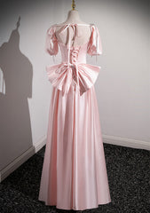 Vestido de fiesta de satén rosa con mangas cortas y corte A hasta el suelo 