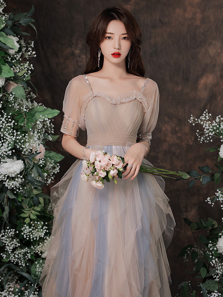 Cute Short Sleeves Layers Tulle Long Party Dress