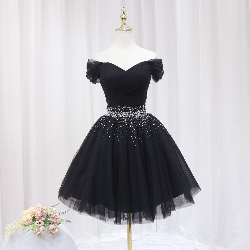 Black Off Shoulder Beaded Tulle Short Prom Dress