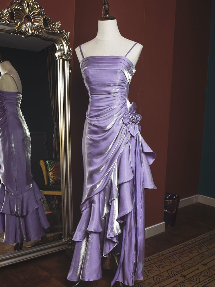 Vestido de fiesta de sirena con tirantes altos y bajos de satén 