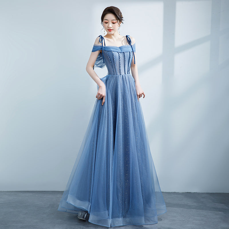 Blue Shiny Tulle Off Shoulder Beaded Straps A-line Party Dress