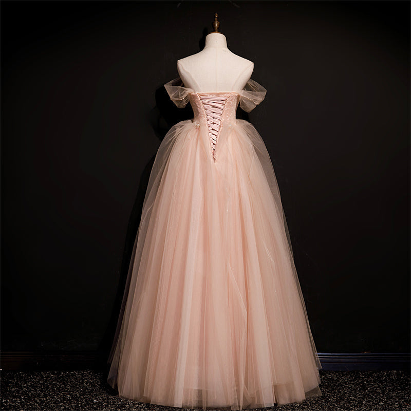 Pink Off Shoulder Beaded Tulle Long Party Dresses