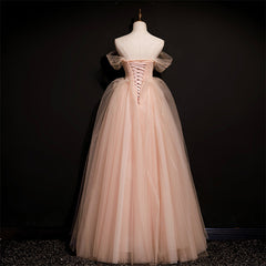 Pink Off Shoulder Beaded Tulle Long Party Dresses