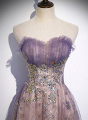 Vestido de fiesta largo hasta el suelo con corte A de tul morado claro y encaje 