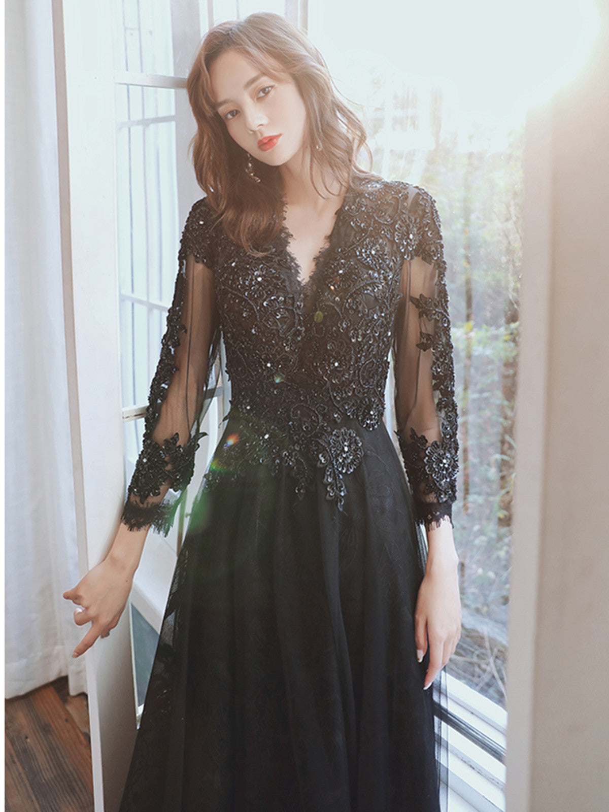 Vestido de fiesta de tul negro con mangas largas y encaje, corte A 