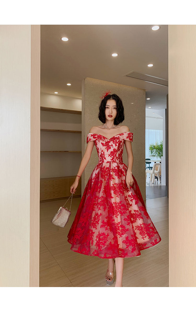 Red Lace Off Shoulder Tea Length Bridesmaid Dress