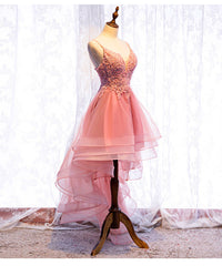 Chic V-neckline Lace Applique Tulle High Low Straps Homecoming Dress