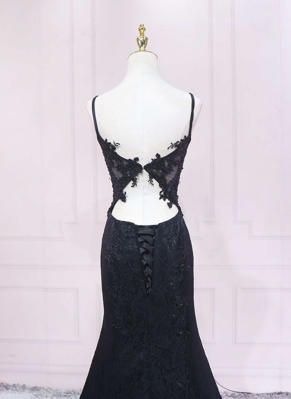 Vestido largo de fiesta con tirantes de encaje negro y vestido de graduación