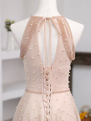 Vestido de noche formal largo con cuello halter de tul con cuentas rosas 