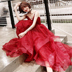 Vestidos de fiesta largos de tul rojo vino con escote en V 