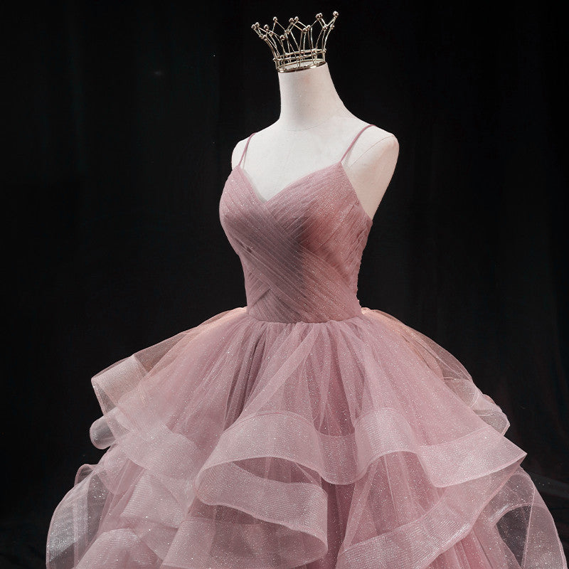 Vestido de noche largo de tul con escote en forma de corazón rosa 