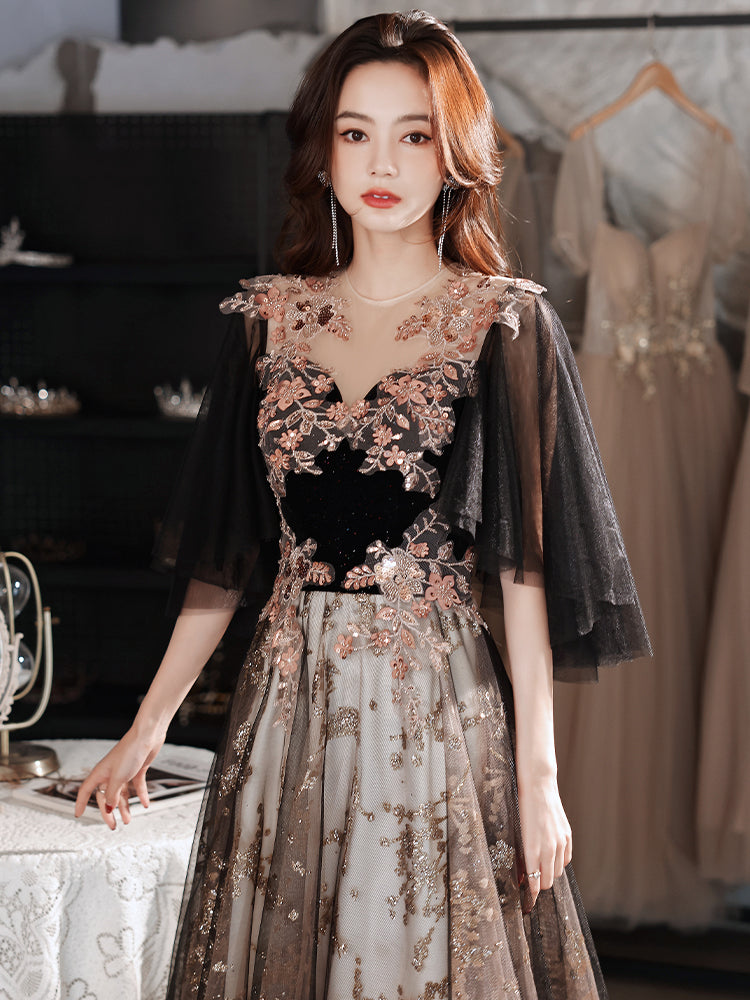 Black Velvet and Tulle with Lace Long Prom Dress