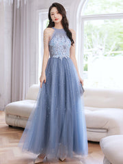 Blue Beaded and Lace Applique Long Party Dress