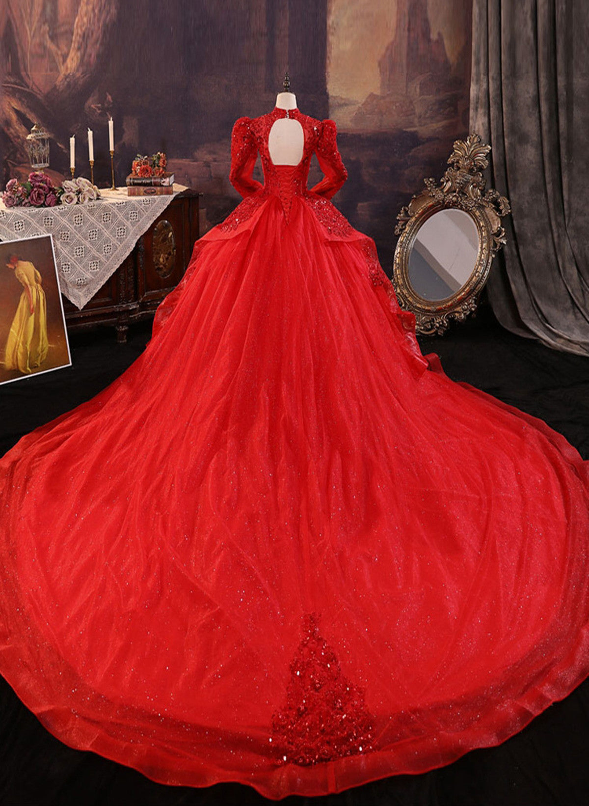 Vestido de fiesta de boda de tul rojo con mangas largas y lentejuelas 
