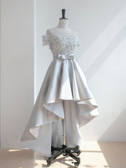 Grey Satin with Lace Off Shoulder High Low Homecoming Dress
