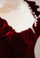 Wine Red Velvet Long Sleeves Beaded Party Dress