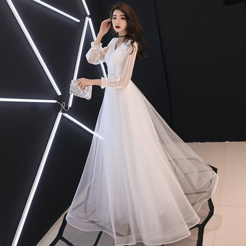 Vestido de fiesta de boda sencillo de tul blanco con mangas largas y encaje 