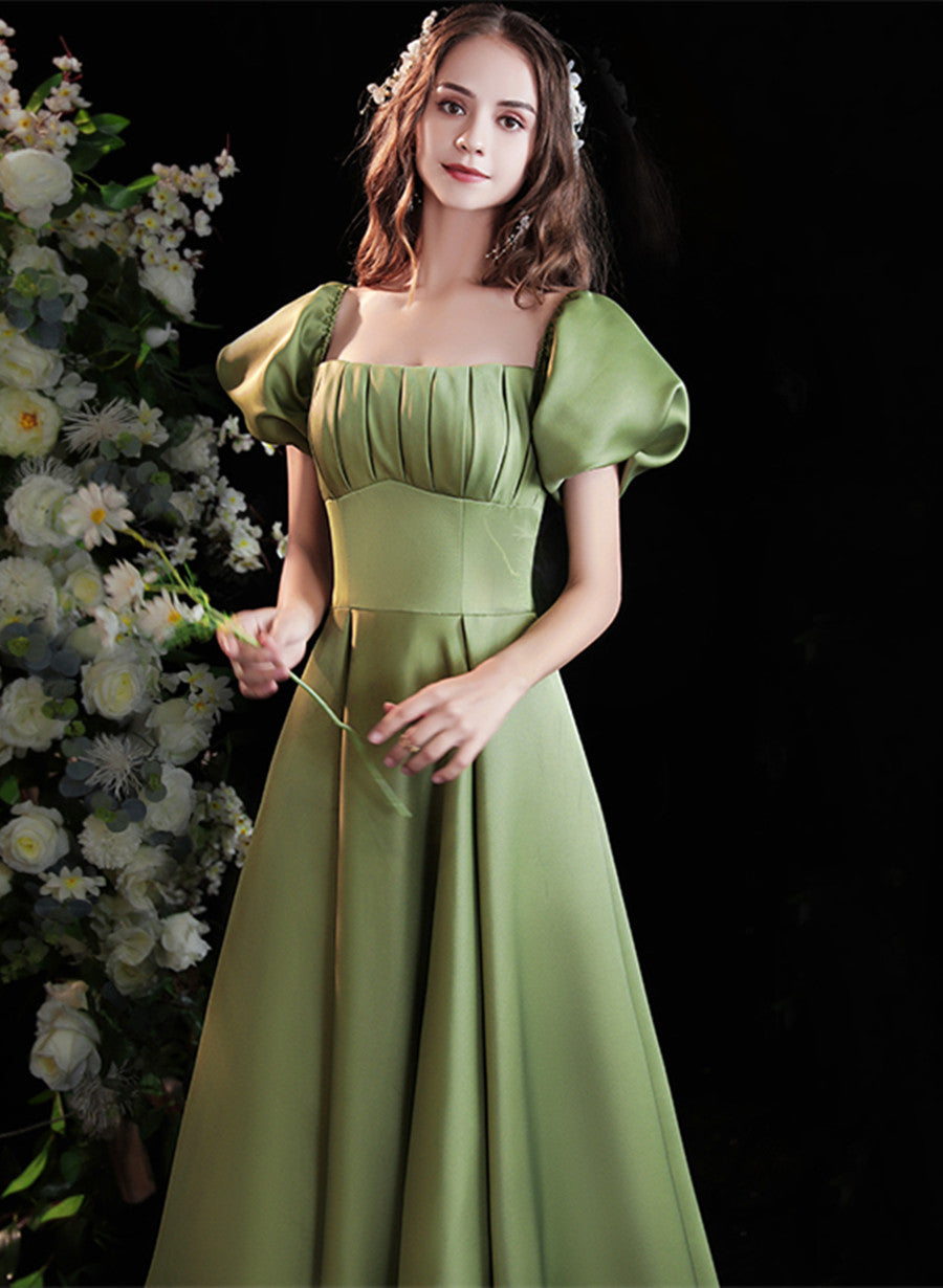 Green Satin Long Prom Dress iwith Short Sleeves