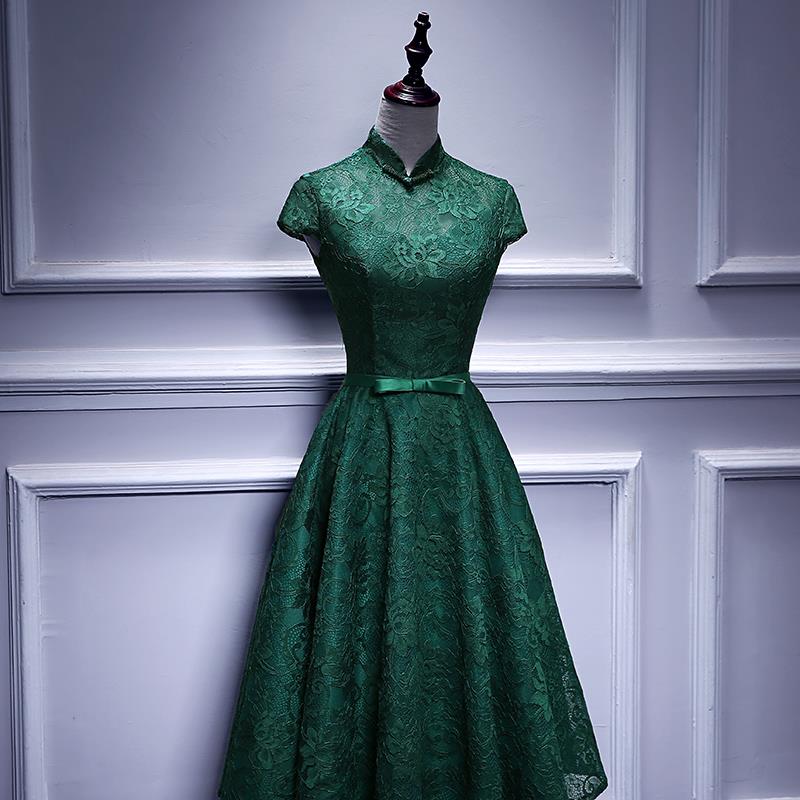 Charming Dark Green Tea Length High Neckline Party Dress
