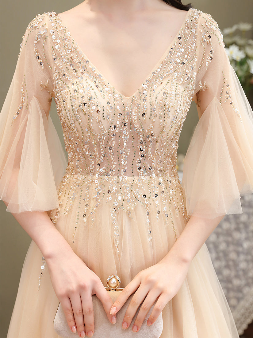 Light Champagne Tulle Slit Beaded Long Prom Dress