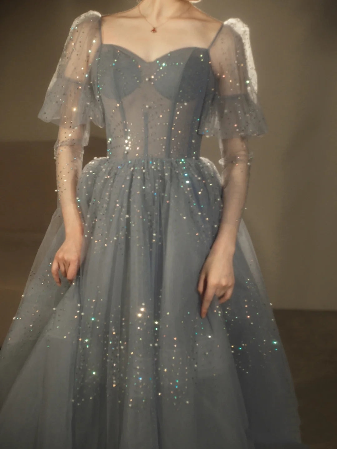 Blue Beaded A-line Tulle Long Party Dress