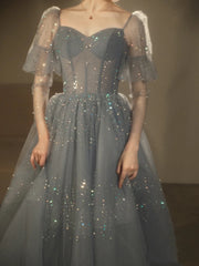 Blue Beaded A-line Tulle Long Party Dress