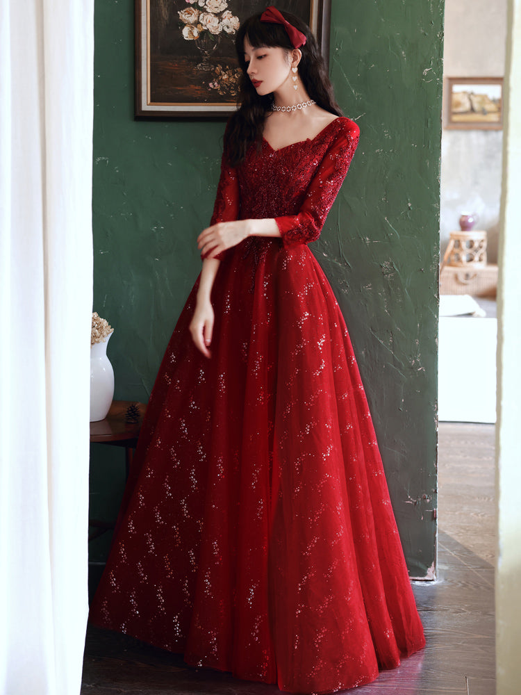 Vestido de fiesta largo de tul rojo vino con encaje y cuentas en forma de A 