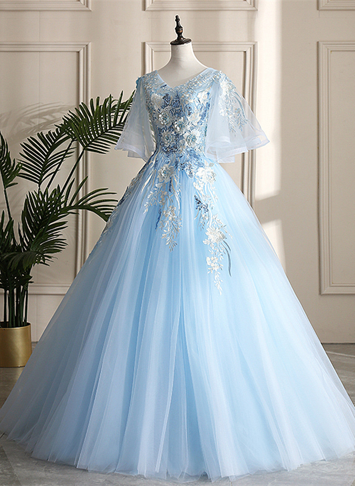 Light Blue Ball Gown V-neckline Puffy Sleeves Party Dress