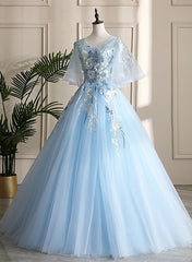 Light Blue Ball Gown V-neckline Puffy Sleeves Party Dress
