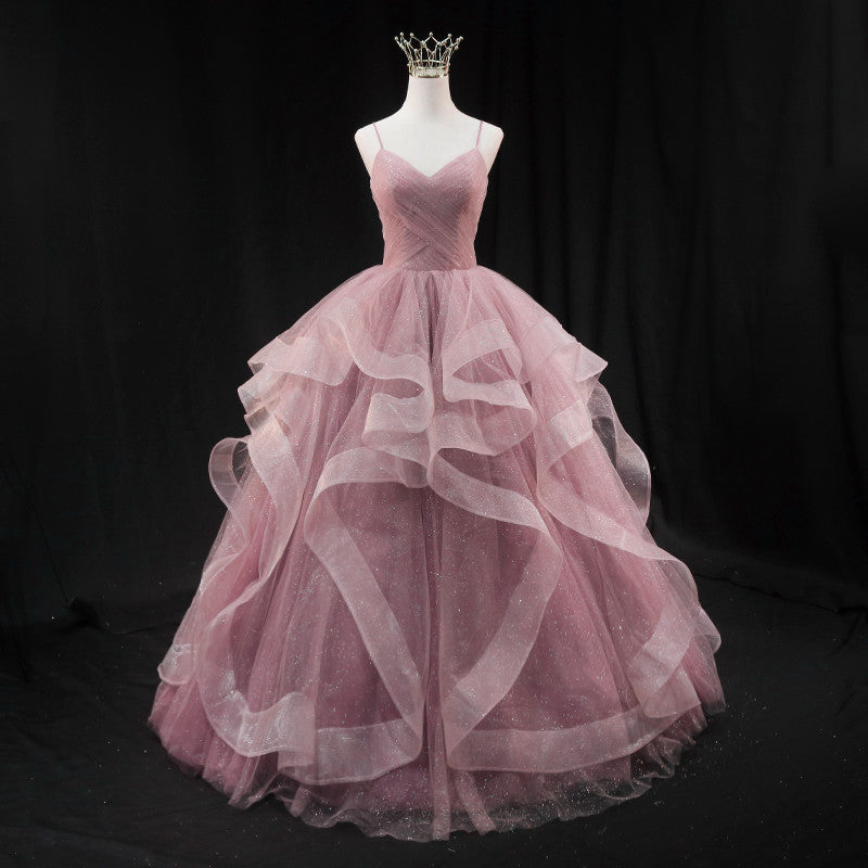 Vestido de noche largo de tul con escote en forma de corazón rosa 