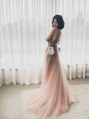 V-neckline Pink Beaded Tulle High Slit Straps Formal Dress