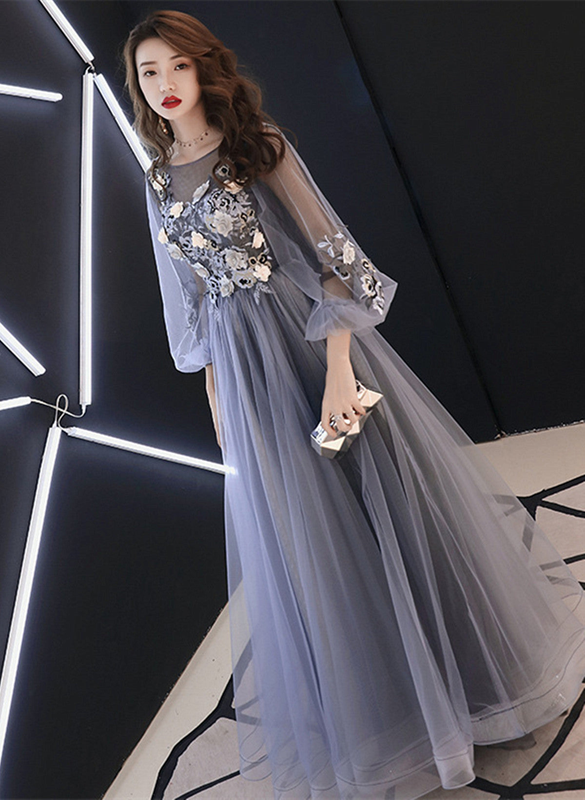 A-line Puffy Long Sleeves Flowers Tulle Party Dress
