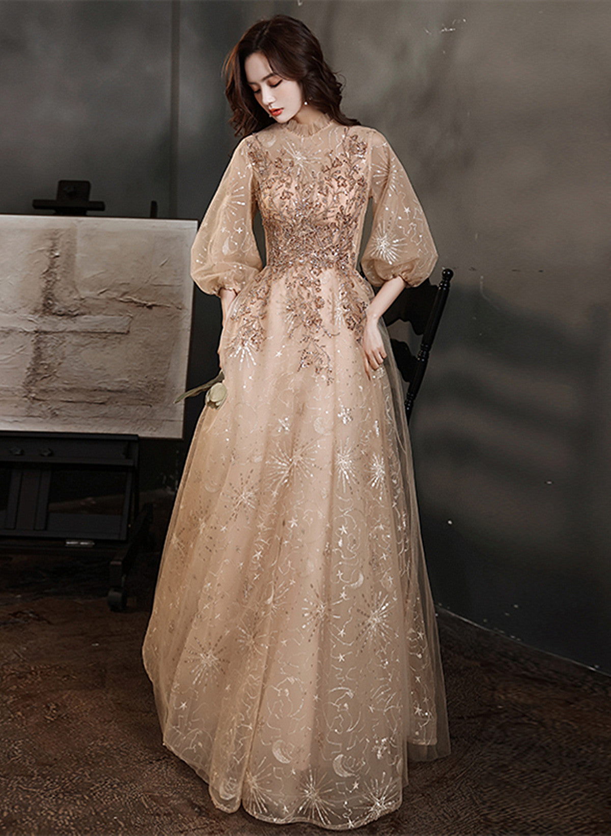 Light Champagne Tulle with Lace Long Party Dress