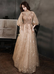 Light Champagne Tulle with Lace Long Party Dress
