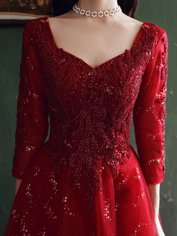 Vestido de fiesta largo de tul rojo vino con encaje y cuentas en forma de A 