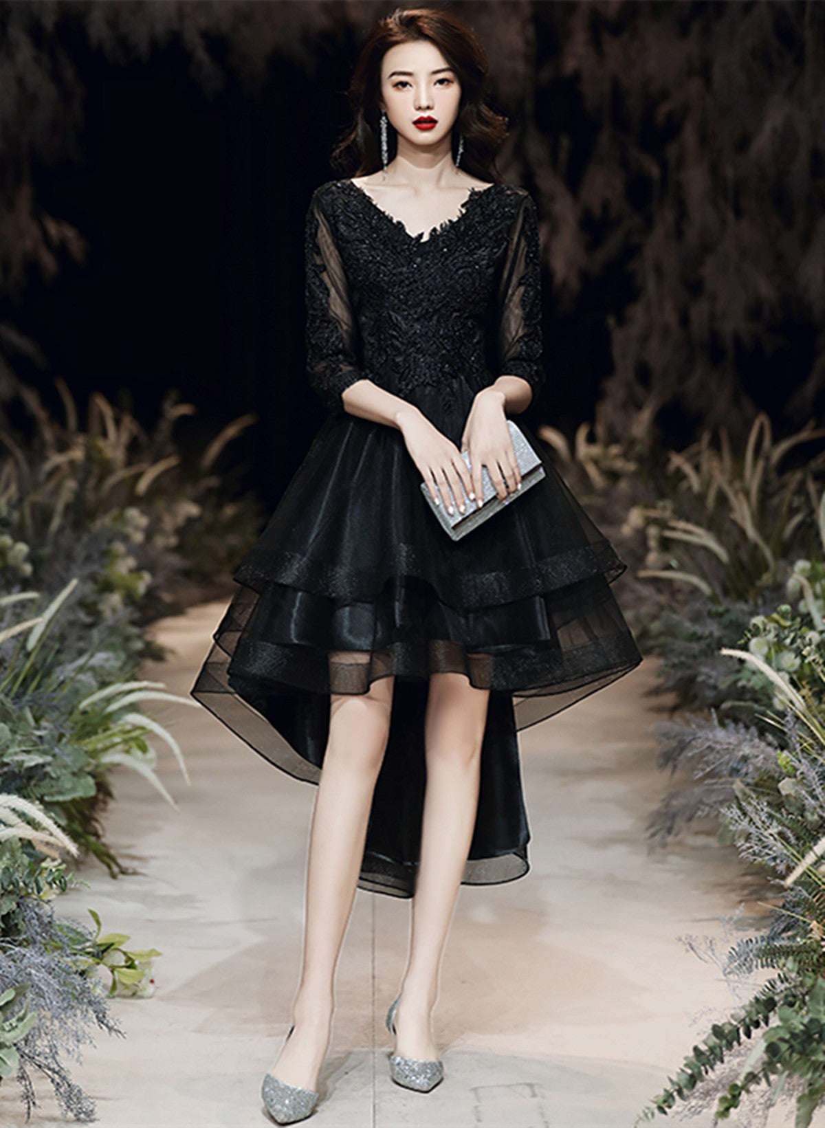 Black Tulle with Lace High Low Party Dress