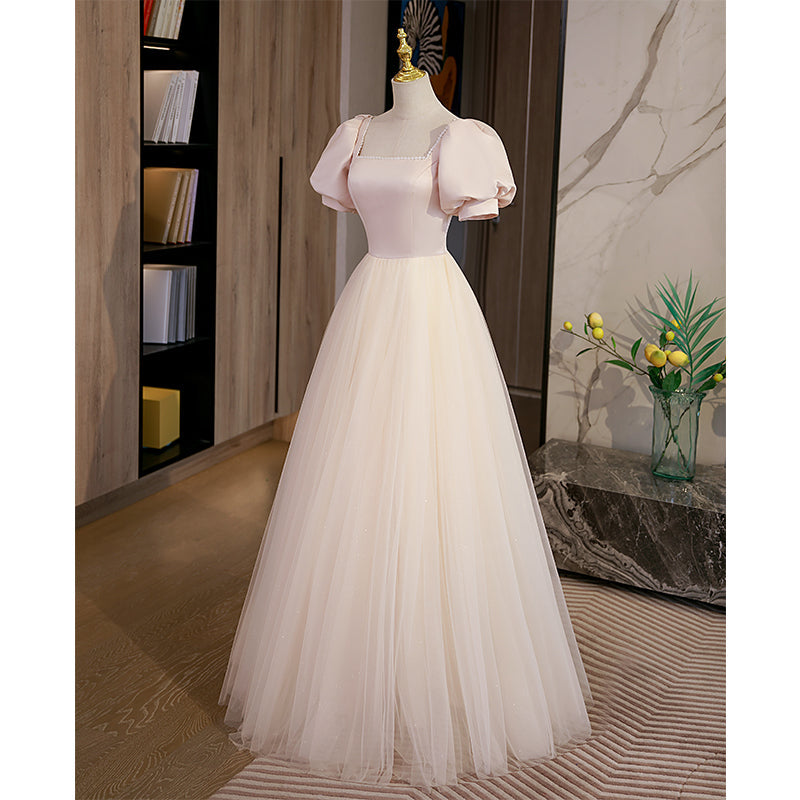 Light Champagne Tulle with Light Pink Satin Prom Dress