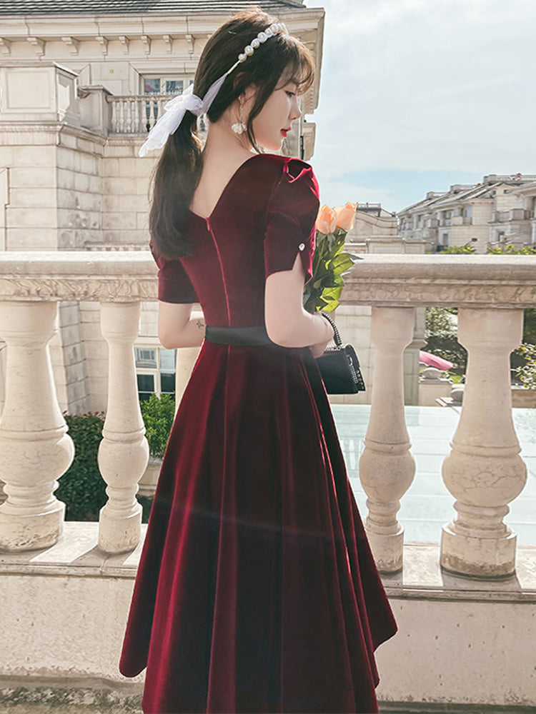 Vestido de fiesta de terciopelo rojo vino para regreso a casa 