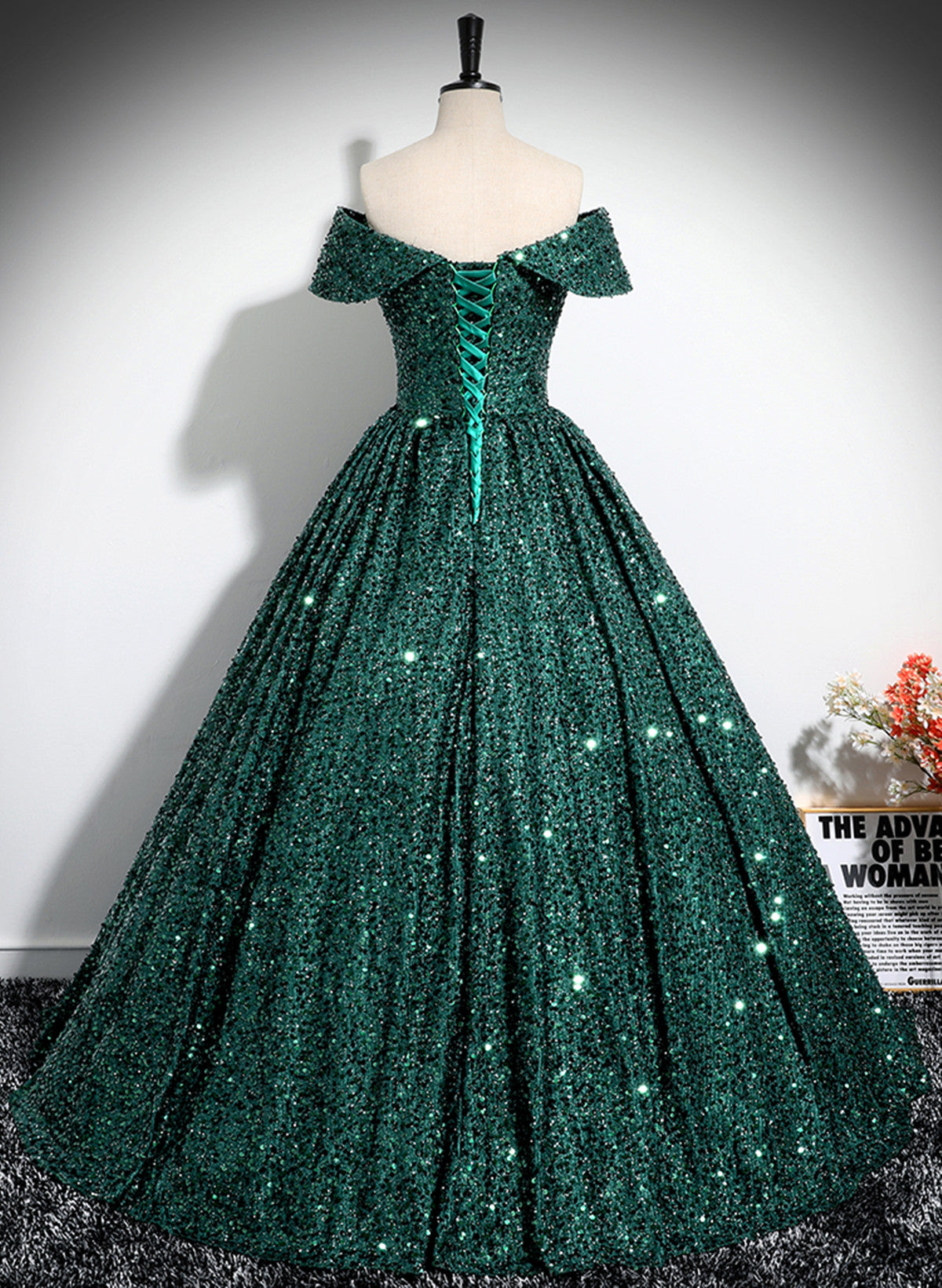 Dark Green Sequins Off Shoulder Ball Gown Prom Dress