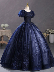 Vestido de fiesta azul marino con escote redondo y mangas cortas 
