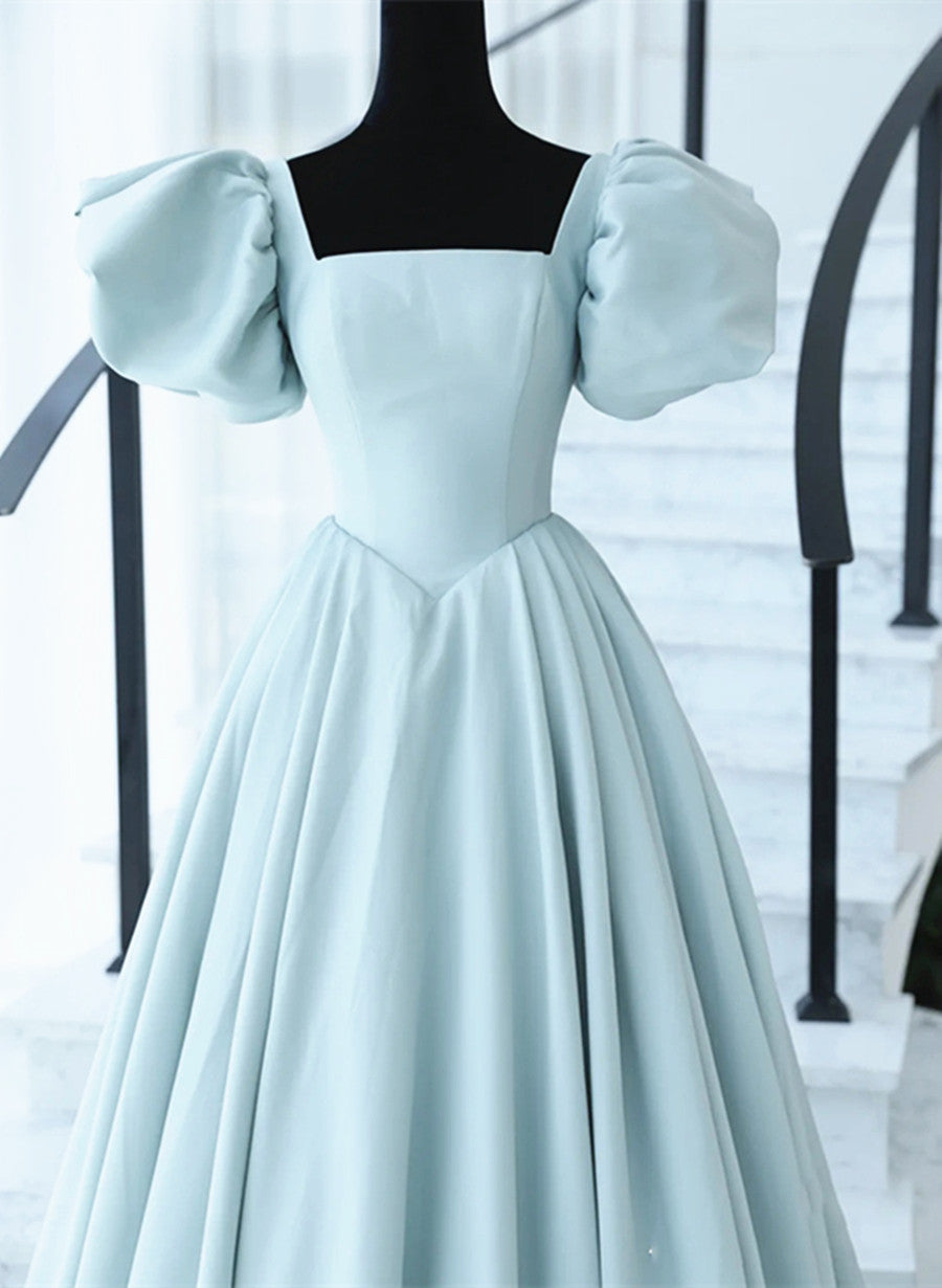 Light Blue Satin Open Back Lopng Prom Dress