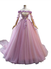 Vestido largo de tul rosa con flores para fiesta de dulces 16 