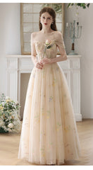 Light Champagne Floral Tulle Off Shoulder Party Dress