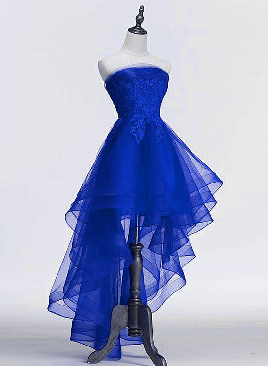 Royal Blue Tulle with Lace Applique High Low Party Dress