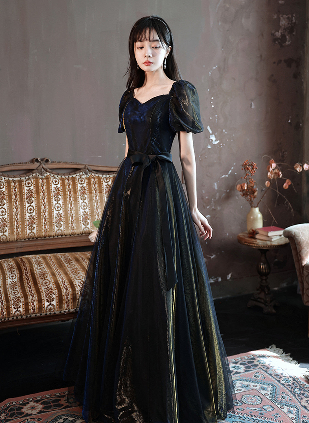 Black A-line Short Sleeves Tulle Long Formal Dress
